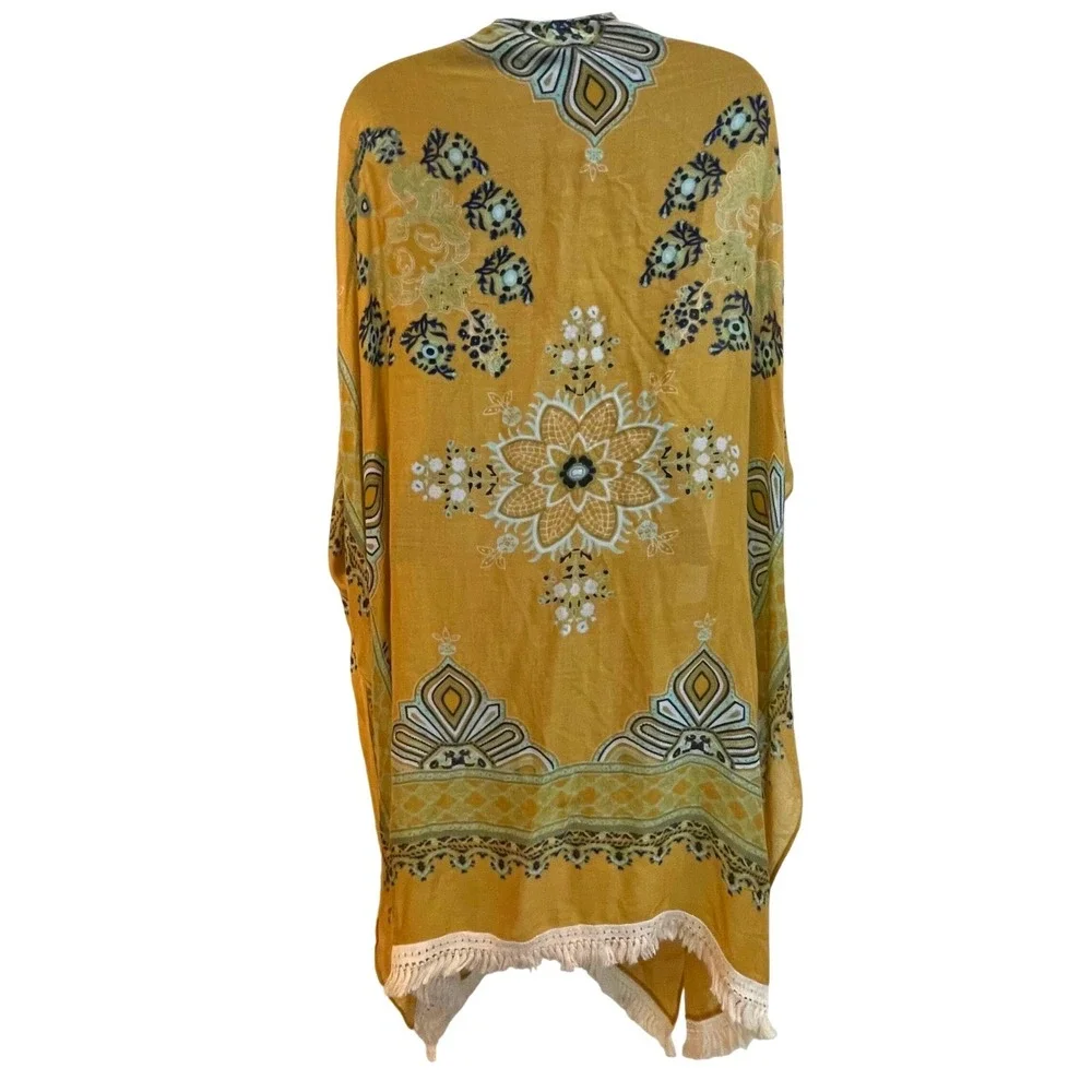 Angie Mustard Yellow Boho Medallion Fringe Kimono Wrap One Size OS‎